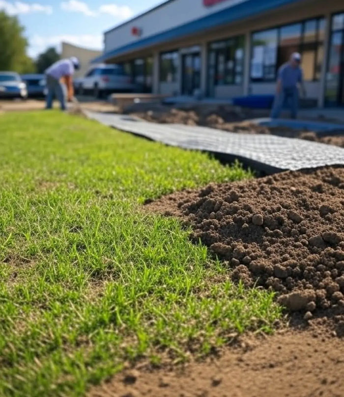 Ground protection mat outside of a small shopping center.