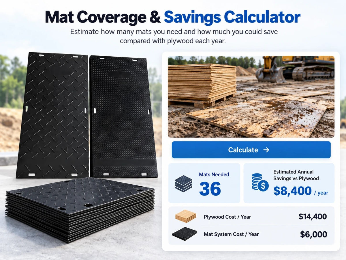 Mat coverage and savings calculator preview: PrimaMat ground mats compared with plywood